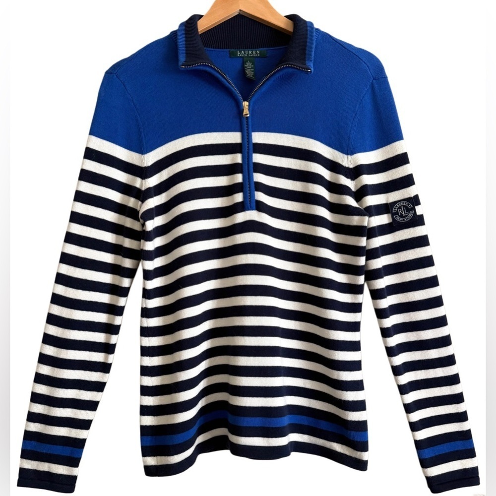 LAUREN RALPH LAUREN Preppy Classic Nautical Striped 1/4 Zip Pullover Sweater L